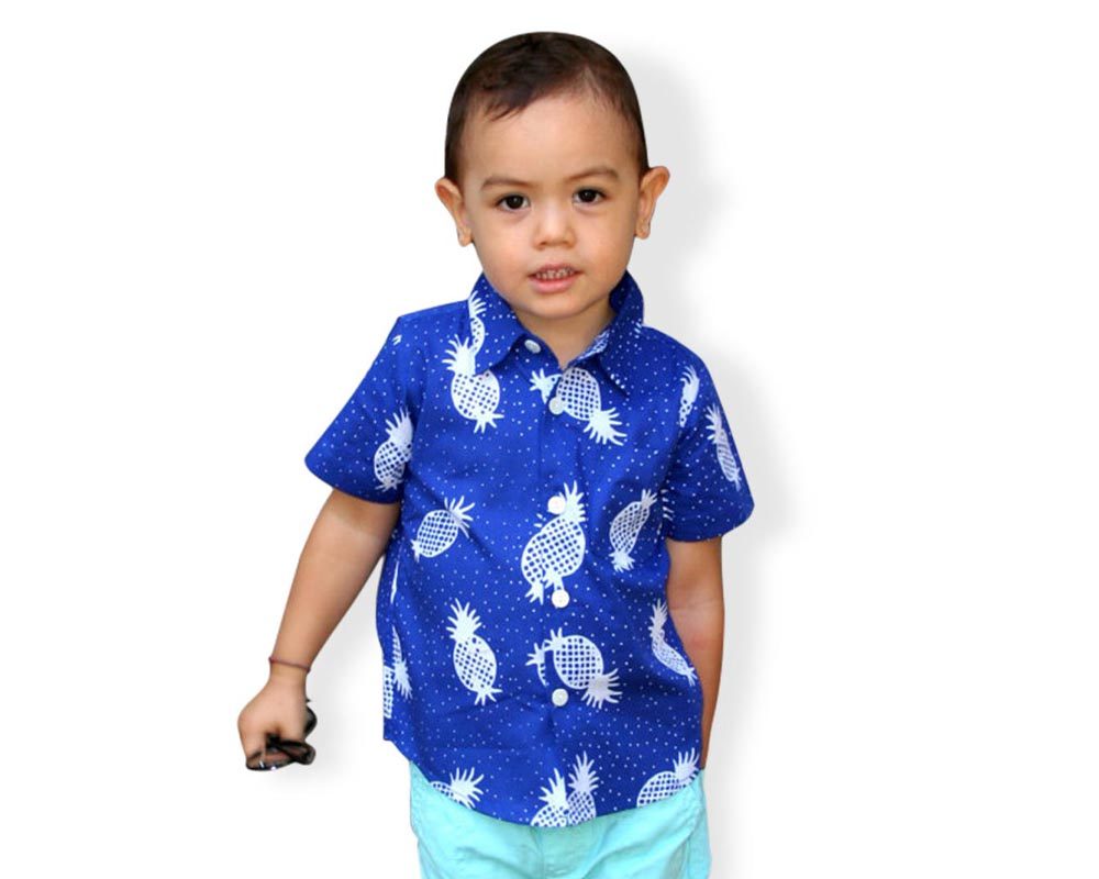 Boy Button Up Shirt - Blue Pineapple - Tiny Tots Kids