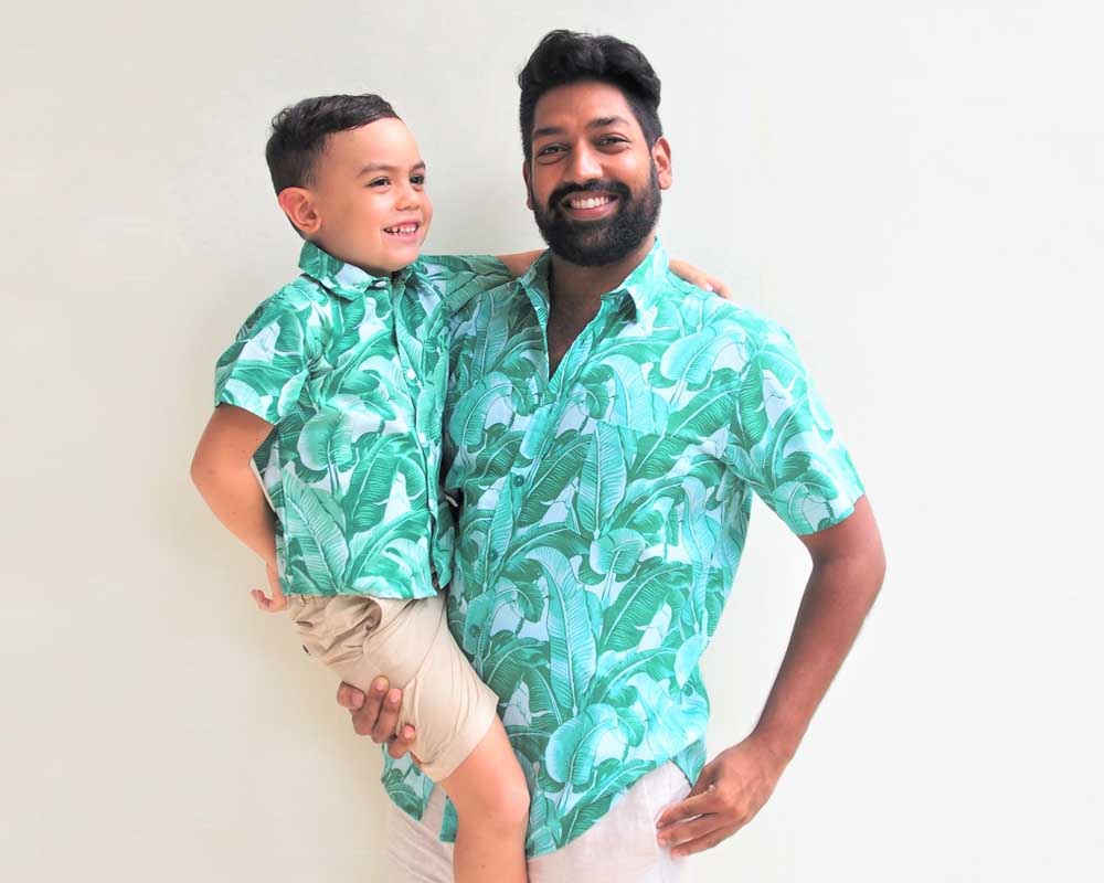 man and son matching outfits